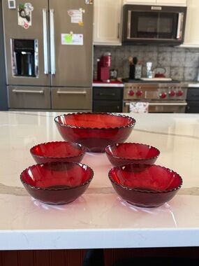 Vintage Ruby Red Glass Bowl Set – 5 Piece Serving & Dessert Bowls